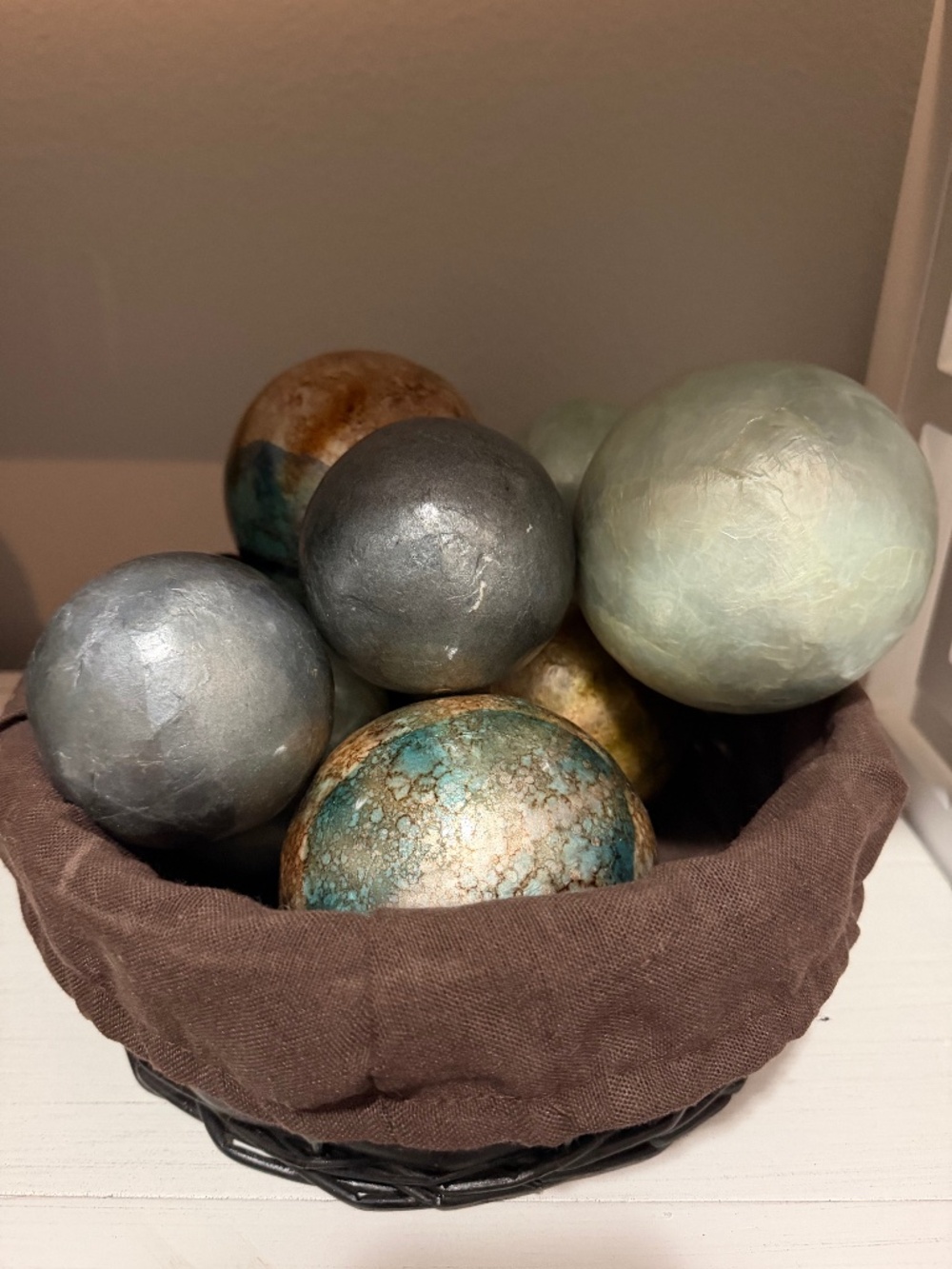 Set of 8 Decorative Orbs Spheres Mixed Media Capiz Shell Metallic Bowl Fillers